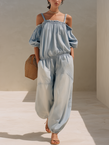 Off-Shoulder Ruffled Puff Sleeve Denim Jumpsuit