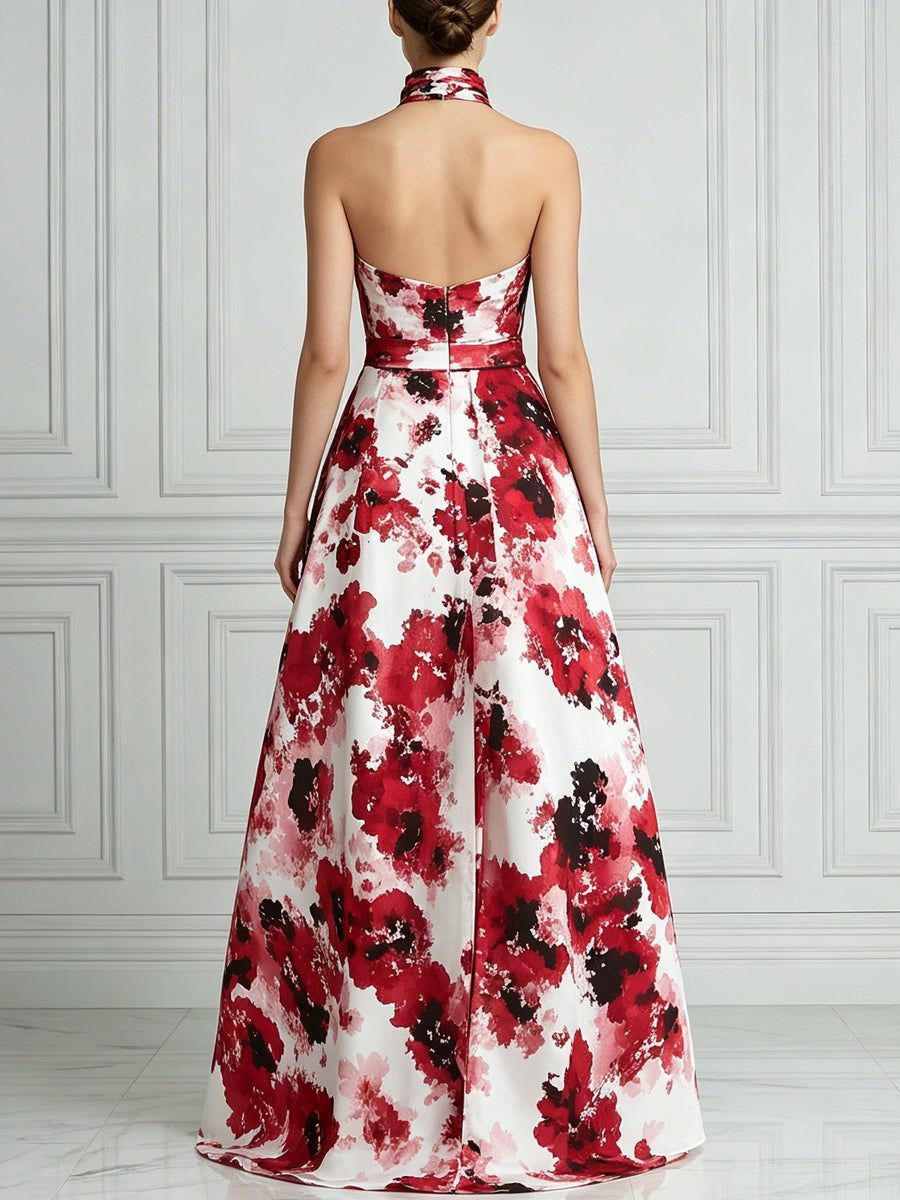 Elegant Halter Neck Watercolor Floral Print A-Line Maxi Dress