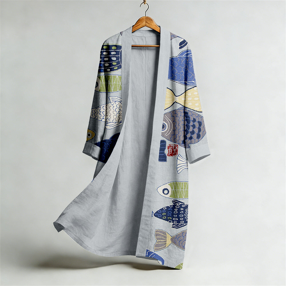 Vintage Fish Japanese Art Flowy Linen Long Kimono