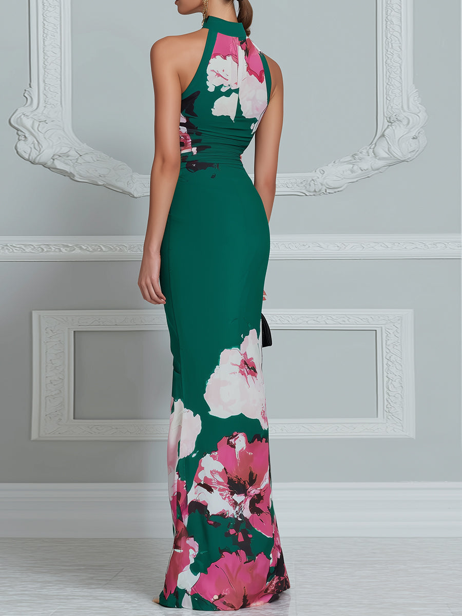 Halter Neck Ruched Waist Floral Bodycon Maxi Dress