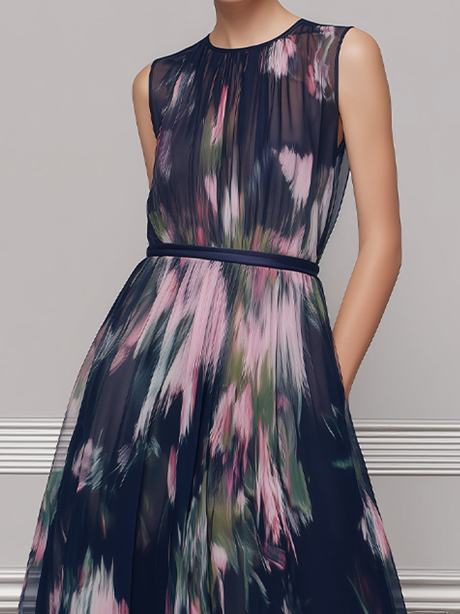 Elegant Watercolor Floral Chiffon Maxi Dress