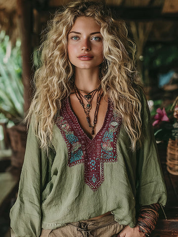 Women's Vacation Boho Tribal Ethnic Print V-neck Linen Blend Tops