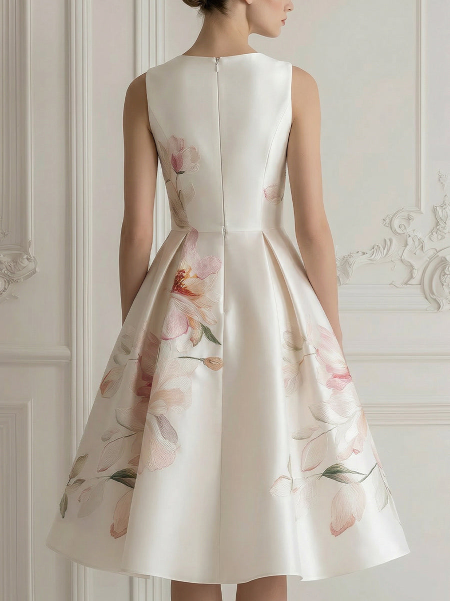 Sleeveless Floral Placement Structured A-Line Midi Dress