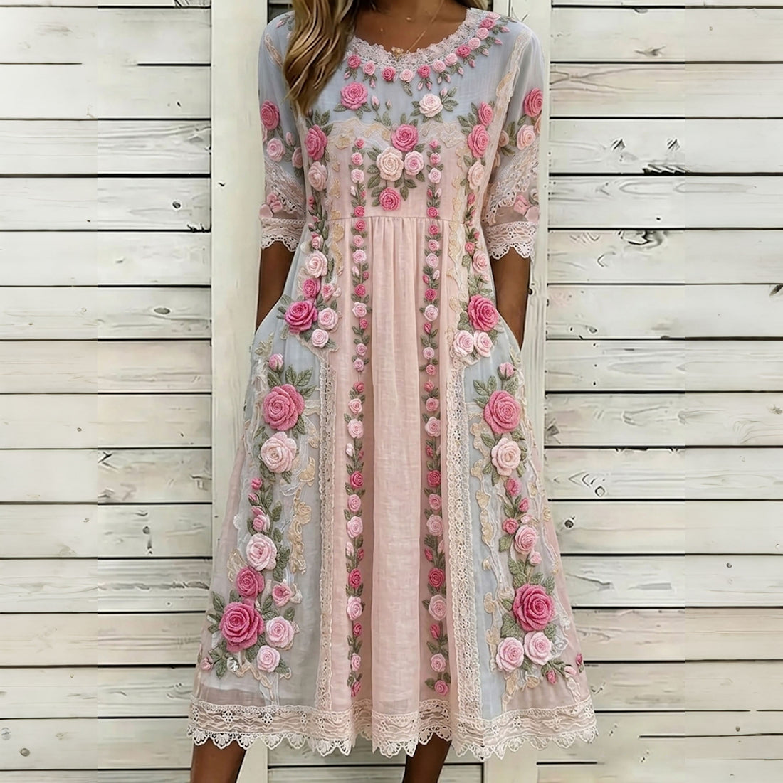Women's Vintage Floral Embroidered Art Round Neck Midi Dress