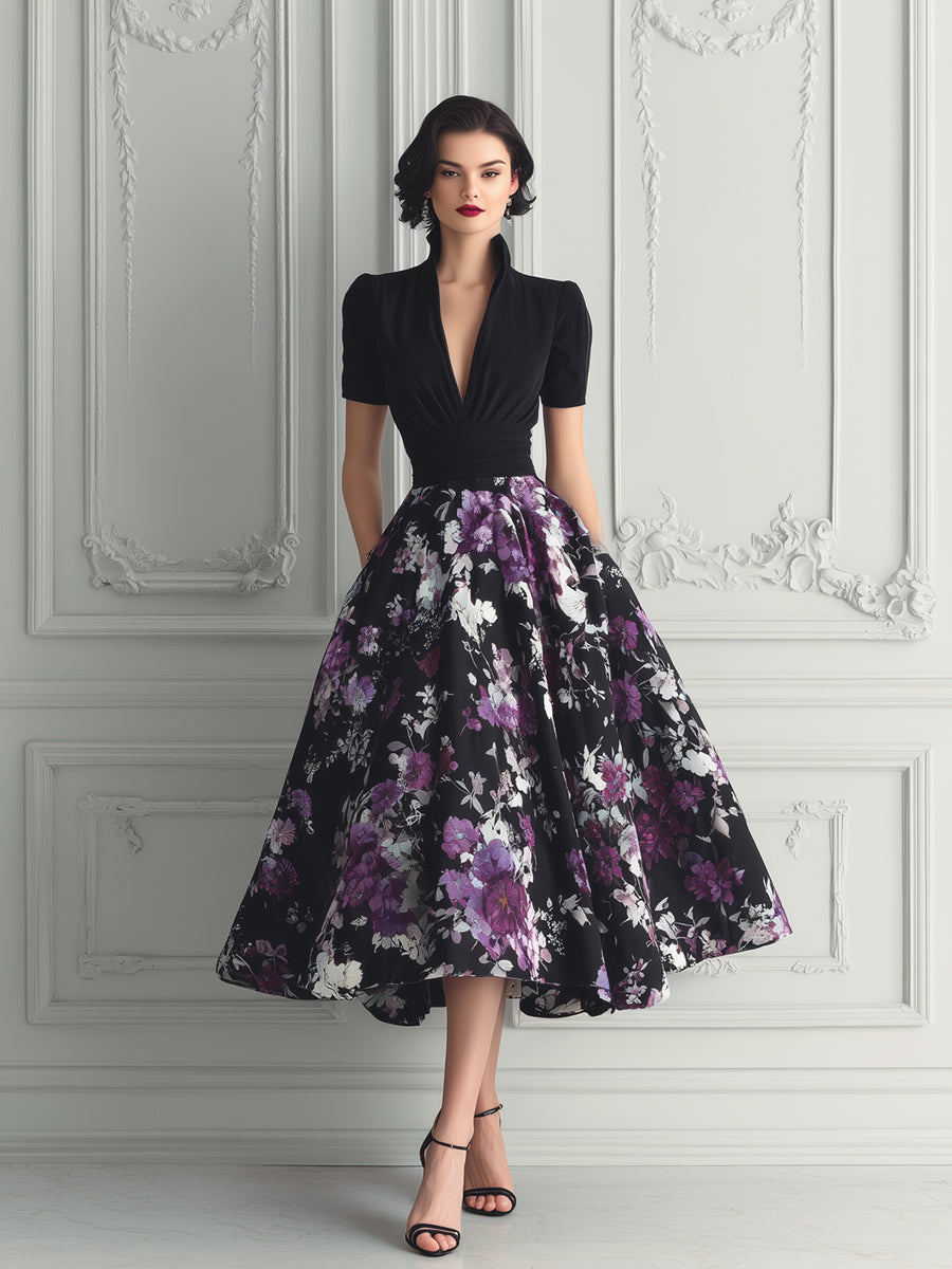 Stand Collar Purple Floral Print Midi Dress