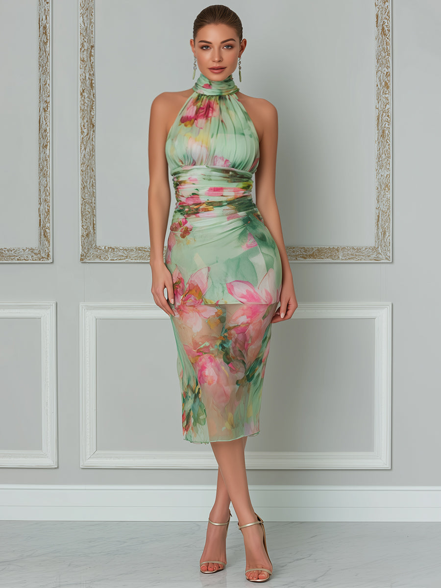 Romantic Mint Floral Halter Midi Dress