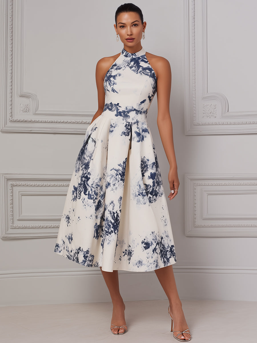 Elegant Halter-Neck Toile Midi Dress