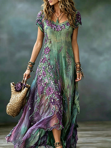 Women's Vintage Romantic Floral Art Linen Blend Round Neck Maxi Dress