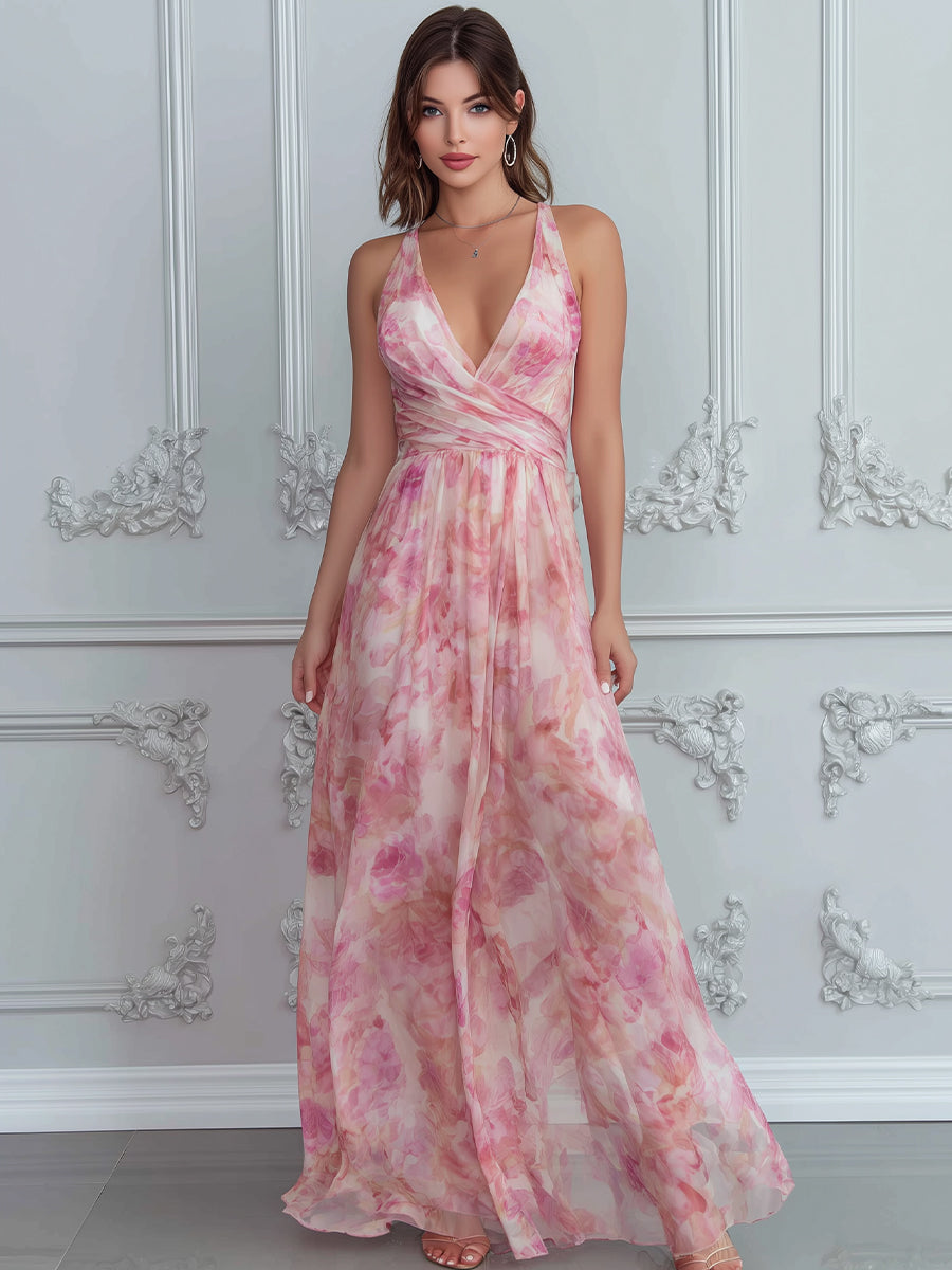 Watercolor Floral Halter Neck Flowing Maxi Dress