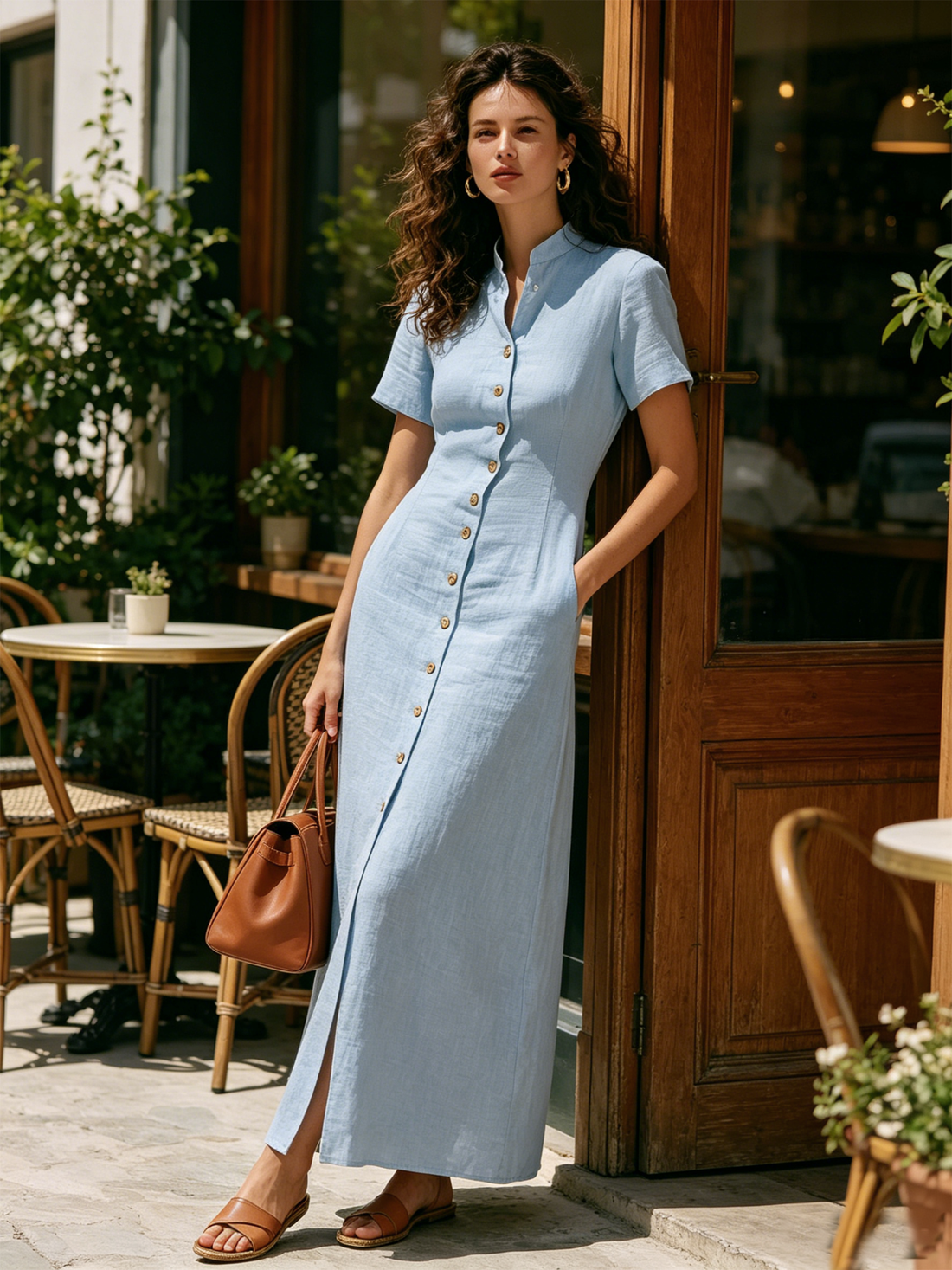 Light Blue Linen-Blend Stand Collar Button-Front Maxi Dress
