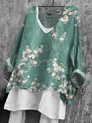 Women's Retro Japanese Flower Art V-neck T-shirt