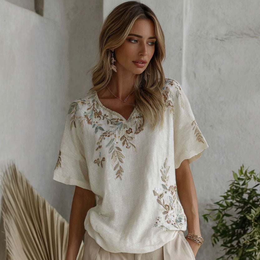 Women's Retro Floral Branch Art Print Linen Blend V-neck T-shirt
