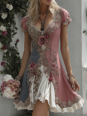 Women's Bohemian Rose Embroidery Patchwork Art V-neck Short Sleeve Midi Dress