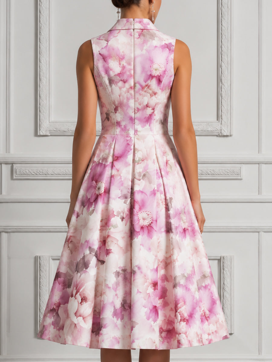 Sleeveless Lapel Watercolor Floral Fit‐and‐Flare Midi Dress