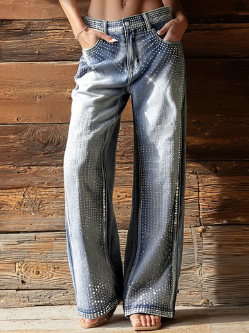 Vintage Bohemian Rhinestone Distressed Washed Denim Jeans