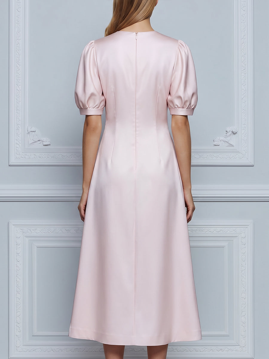 Round Neck Floral Puff Sleeve A-Line Midi Dress