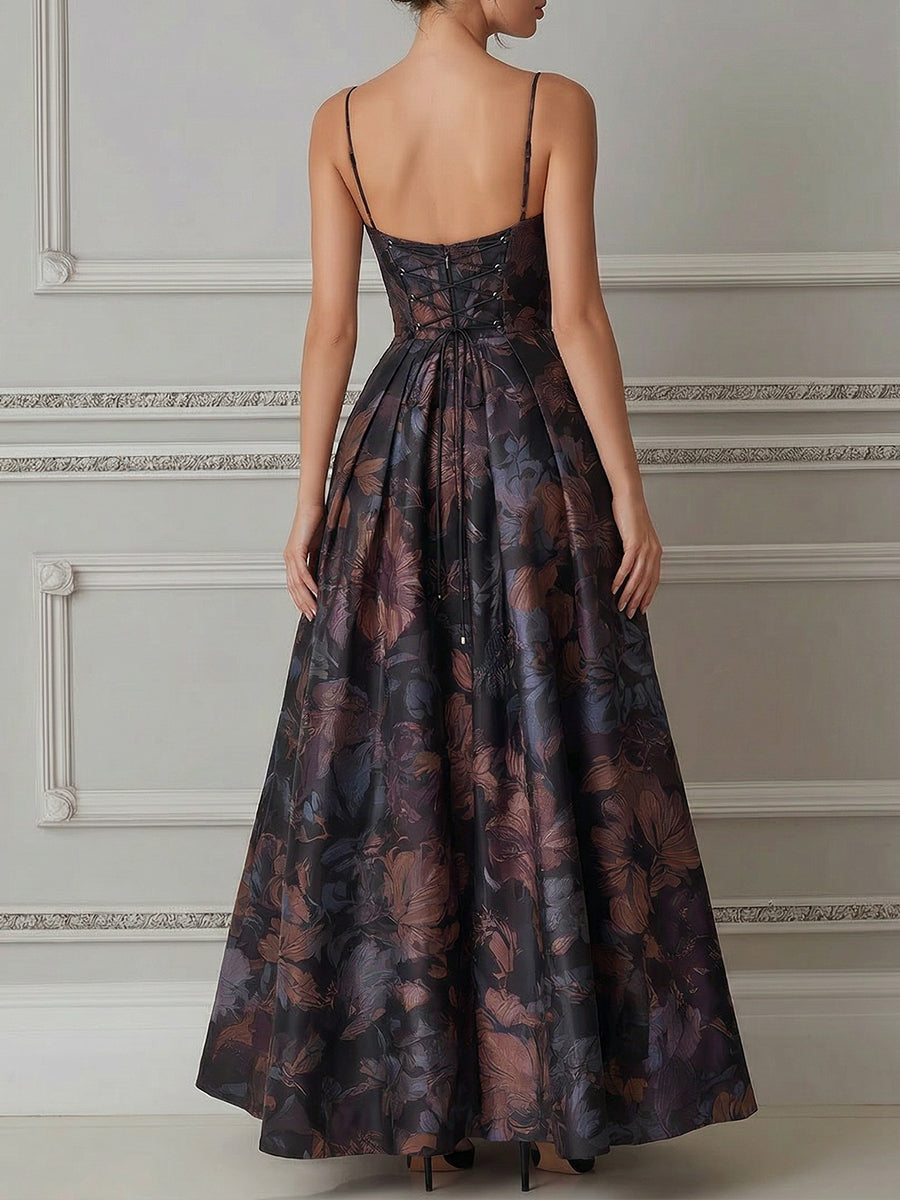 Floral Spaghetti Strap Structured A-Line Maxi Dress