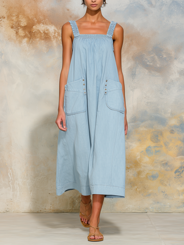 Square Neck Ruffle Strap Denim Culotte Jumpsuit