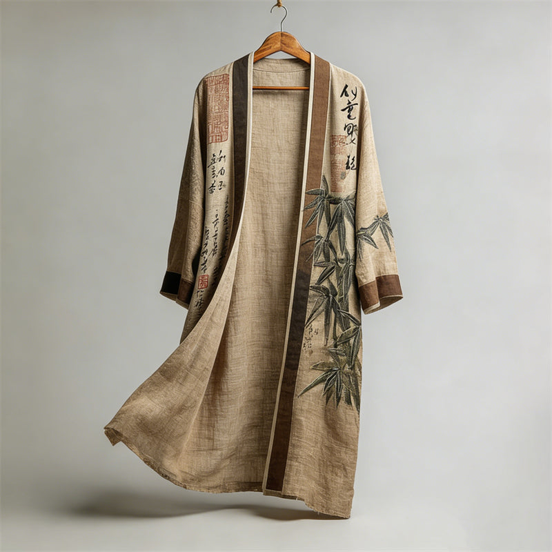 Japanese Bamboo Calligraphy Art Linen Long Kimono