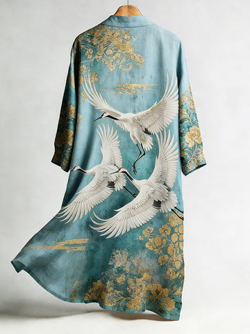 Women's Japanese Crane Flower Art Pattern Linen Long Kimono
