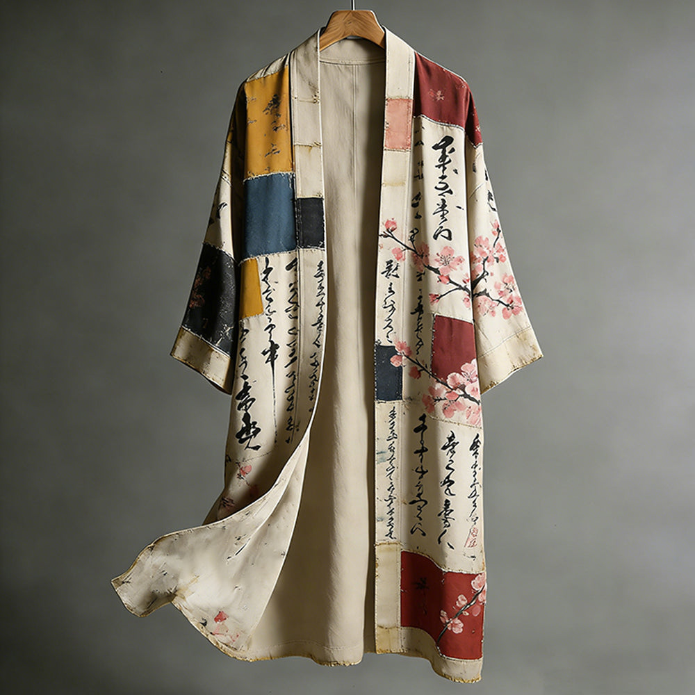 Retro Japanese Patchwork Art Cherry Blossom Linen Long Kimono