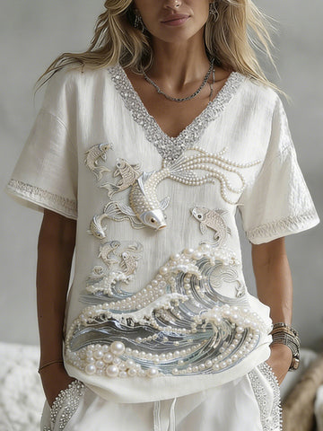 Retro Japanese Art Koi With Pearl Waves Pattern Linen V-neck T-shirt