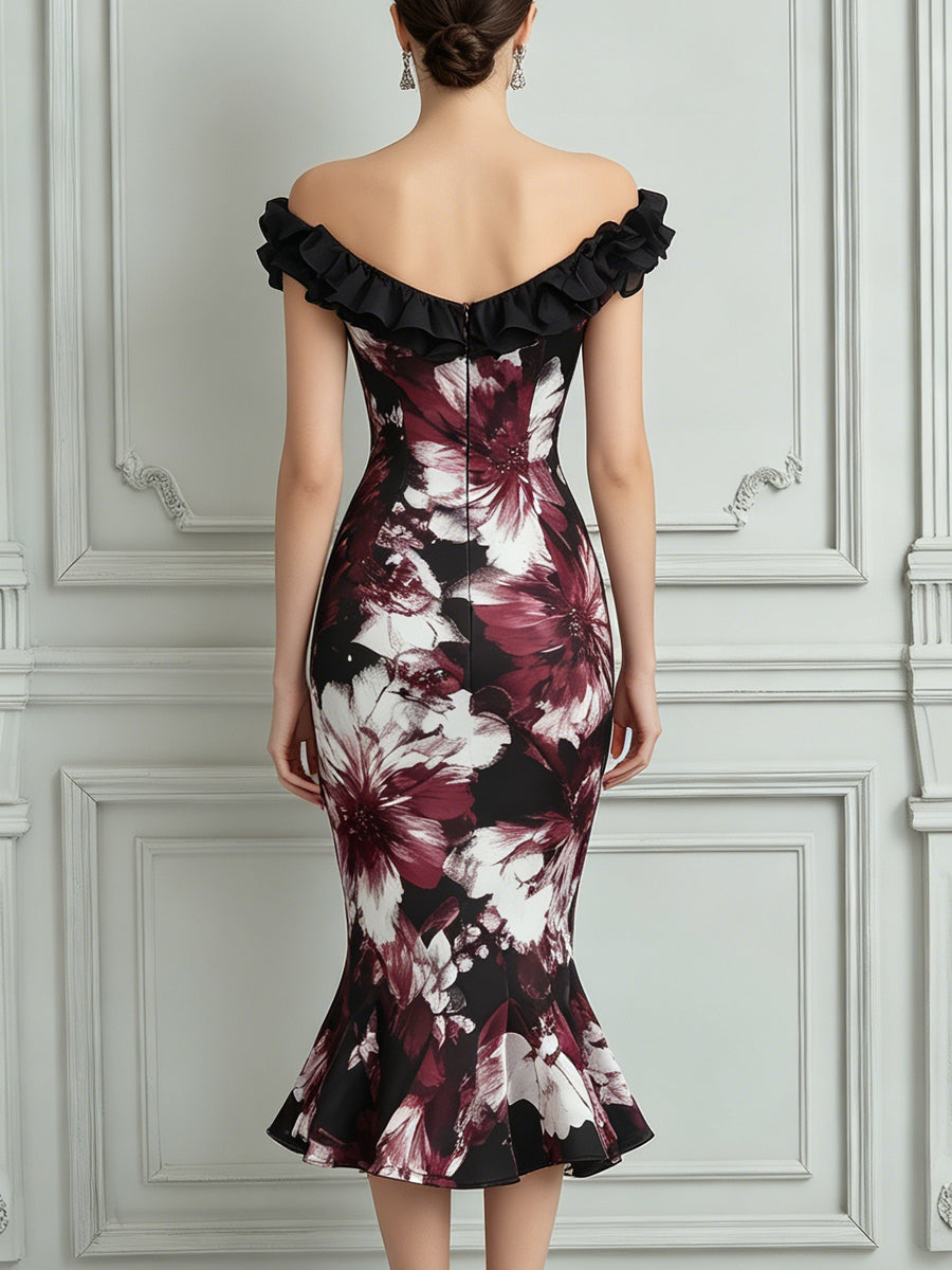 Off-the-Shoulder Floral Print Ruffled Midi Dress