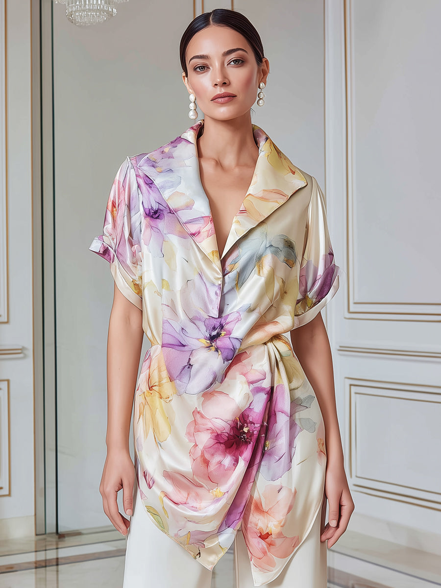 Watercolor Floral Satin Wrap Blouse With Waist Tie