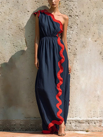 Women's Striped Lace-decorated One-shoulder Dress