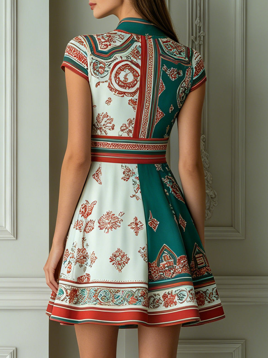 Vintage Baroque Print Mock Neck Short Sleeve Dress