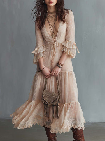 Romantic Boho Lace Flared Midi Dress