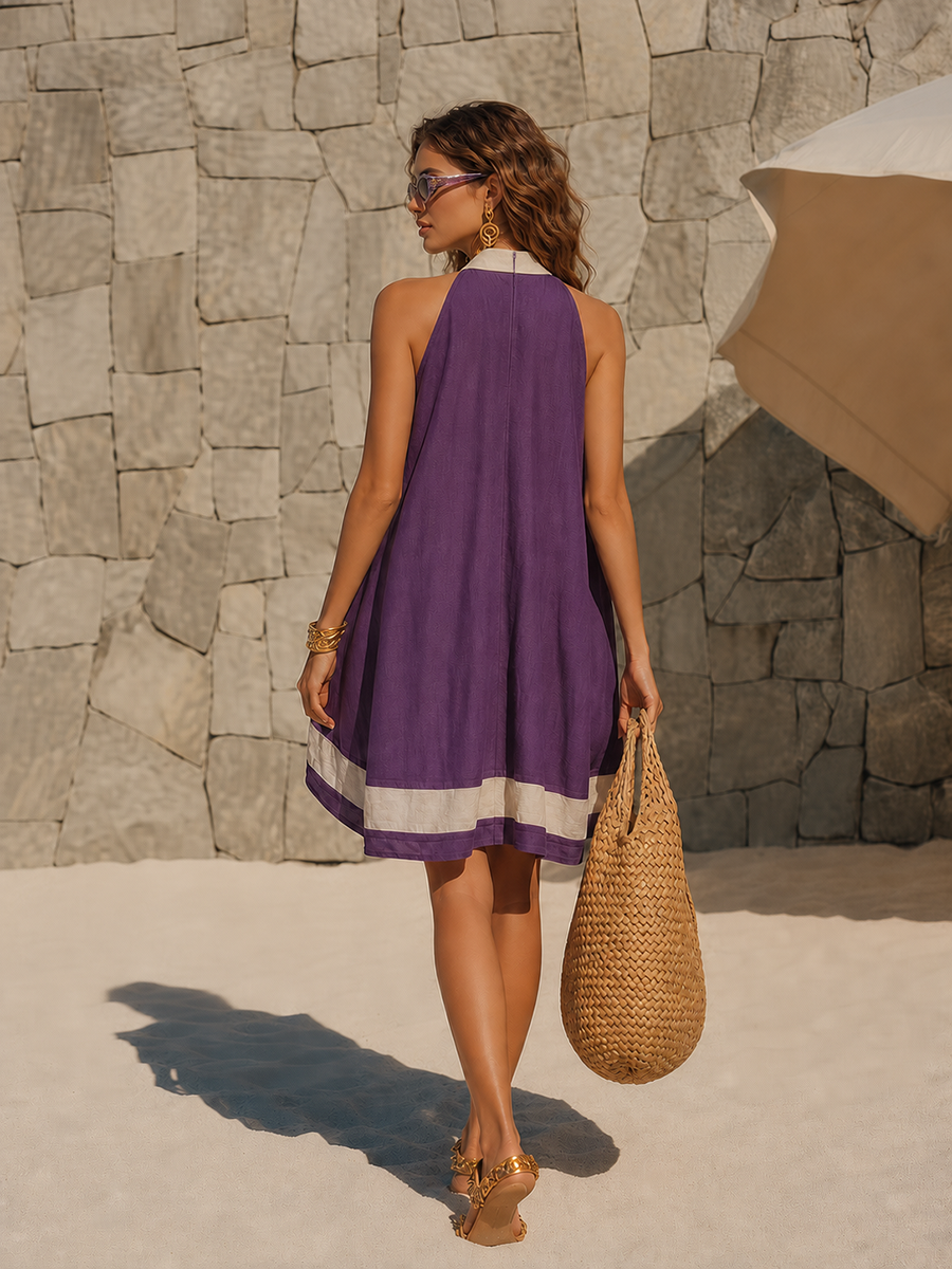 Minimalist Vacation-Style White Shawl-Collar Purple Cotton-Linen Mini Dress