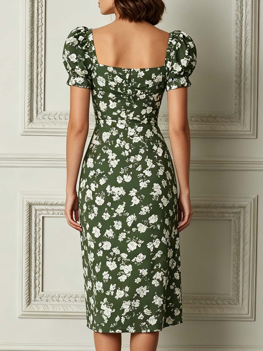 Olive Green White Floral Puff Sleeve Square Neck Midi Dress