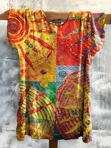 Women's Bohemian Style Sun Patchwork Art Print Casual T-shirt