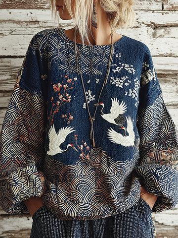 Japanese Waves And Cranes Art Pattern Linen Round-neck Shirt