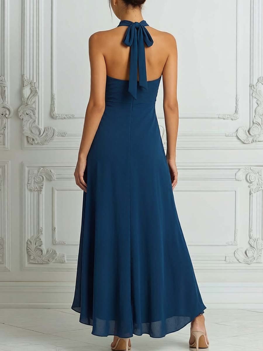 Teal Gold Embroidered Halter Neck Maxi Dress