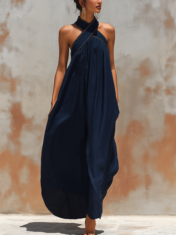 Navy Tencel Denim Halter Neck Maxi Dress