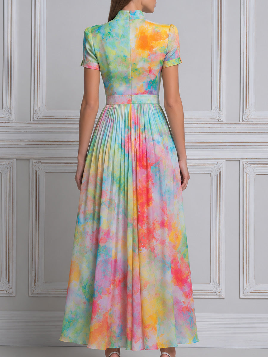 Mock Neck Watercolor Impressionist Print Pleated Midi Dress