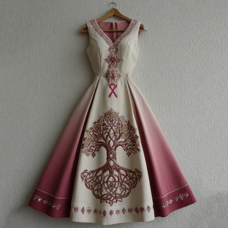 Women's Tree Of Life Pink Ribbon Embroidery V Neck Tank Belt Maxi Dress