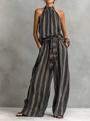 Women's Striped Halter Top And Wide-leg Pants Two-piece Set