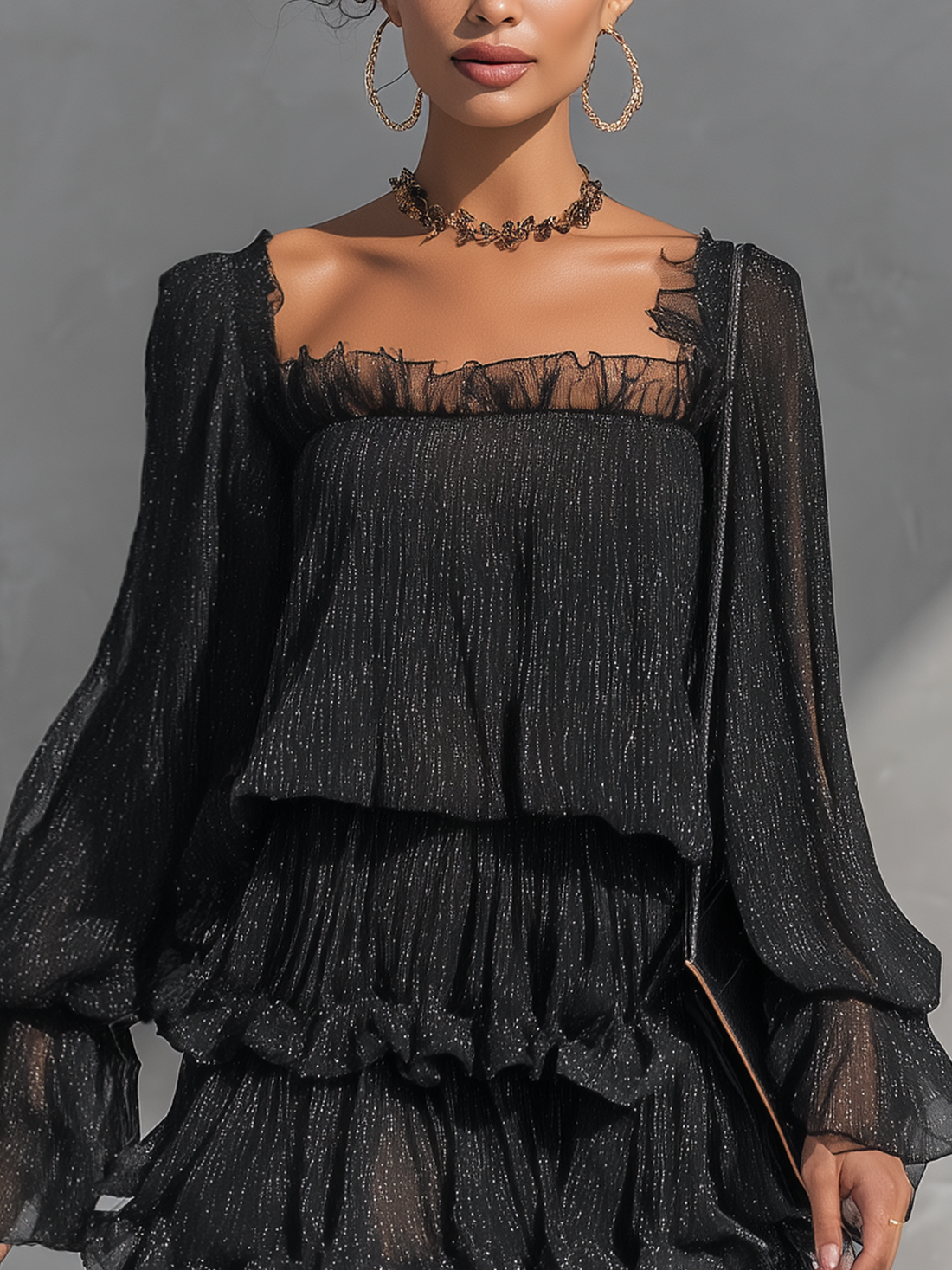 Shimmer Black Chiffon Ruffle Tiered Mini Dress