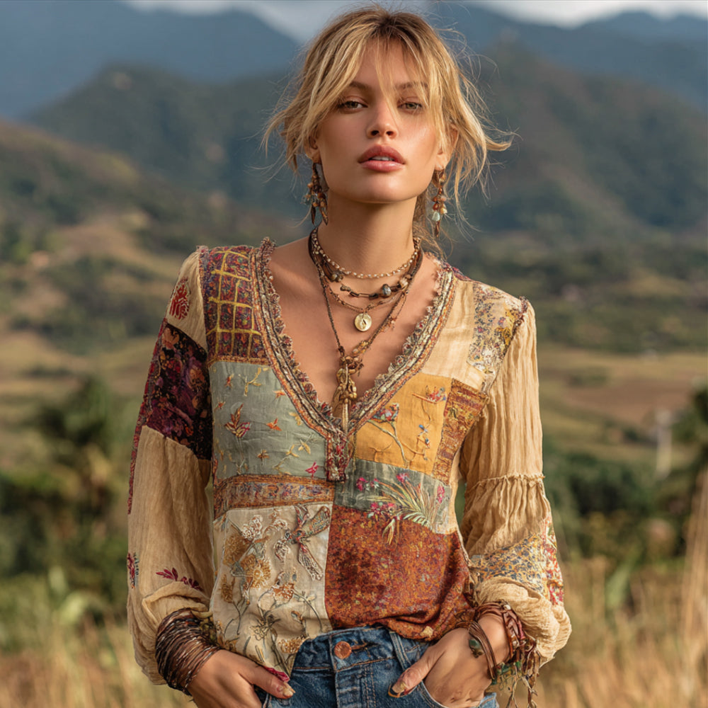 Vintage Bohemian Floral Embroidery Patchwork Long Sleeve Top