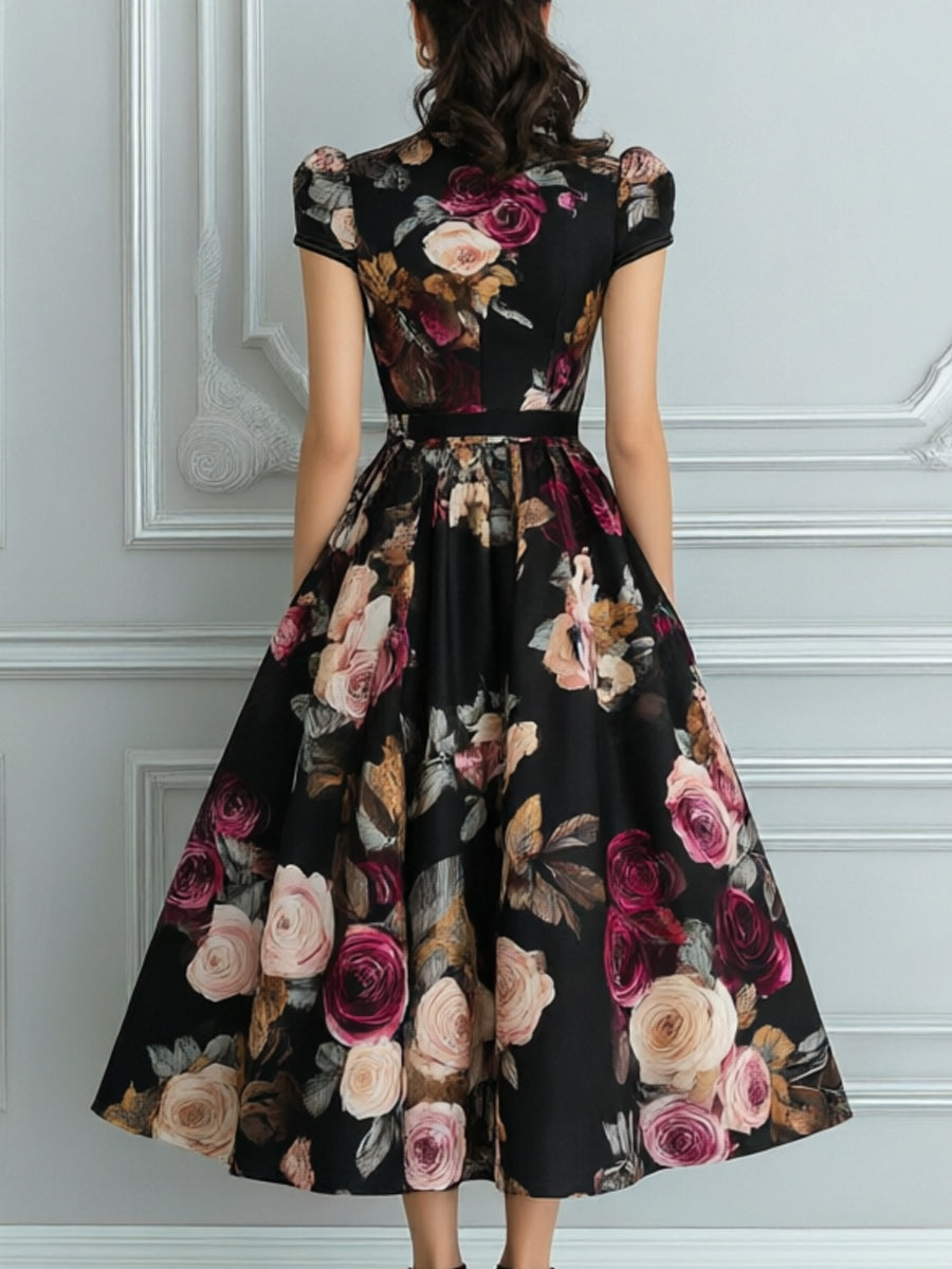 Vintage Black Rose Print High Neck Puff Sleeve Midi Dress