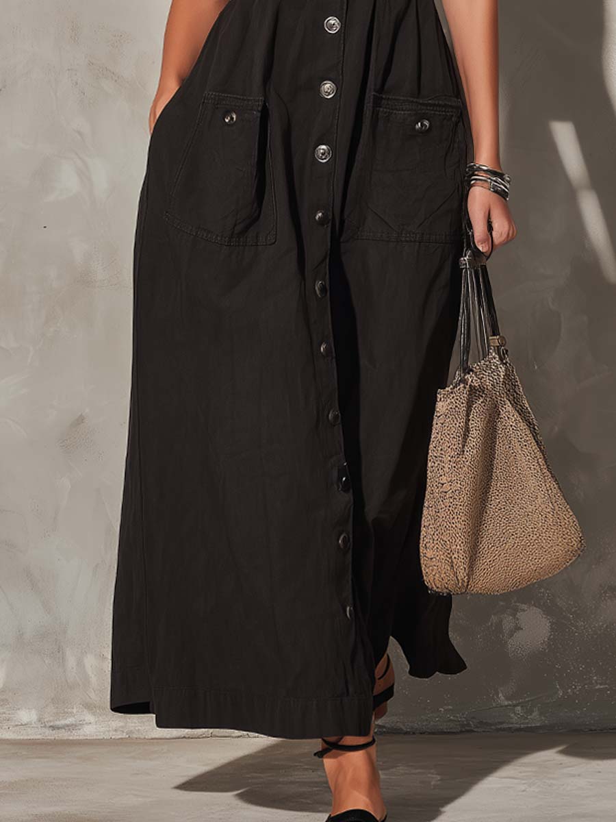 Retro Square-Neck Button-Front Cotton-Linen Midi Dress