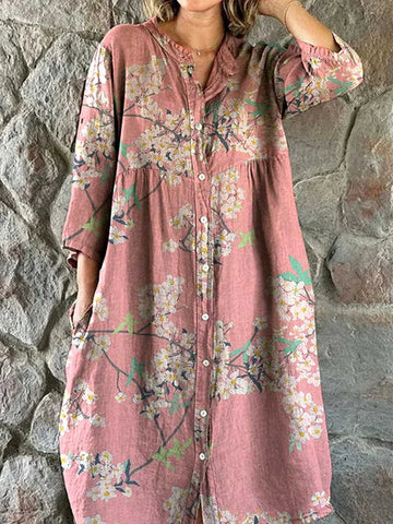 Women's Elegant Simple Floral Pattern Shirt Cotton And Linen Dress