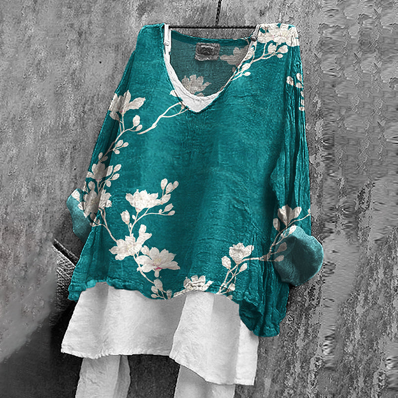 Women's Japanese Floral Art V-neck Linen Blend T-shirt