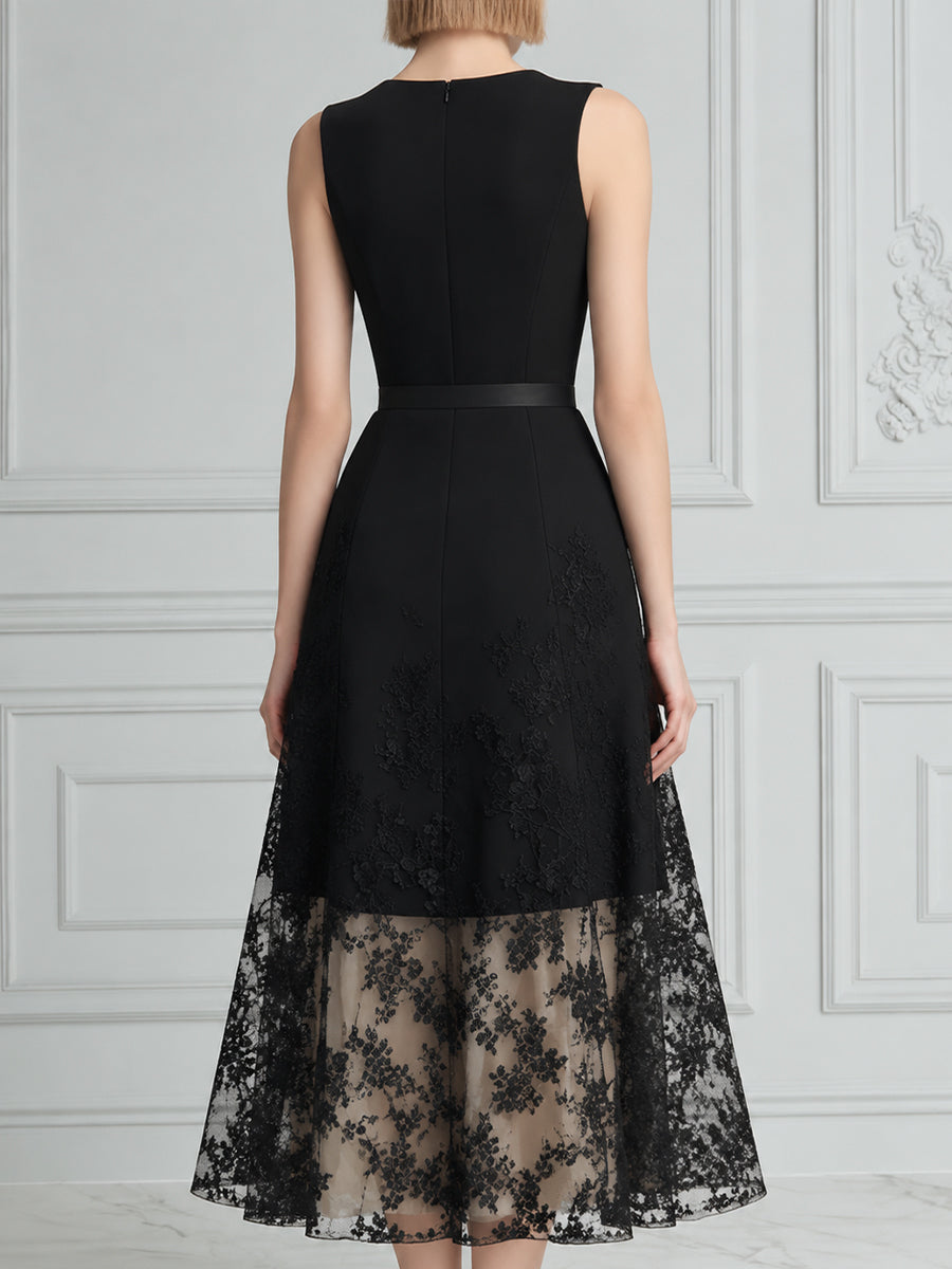 Sleeveless Structured A-Line Midi Dress With Sheer Lace Hem