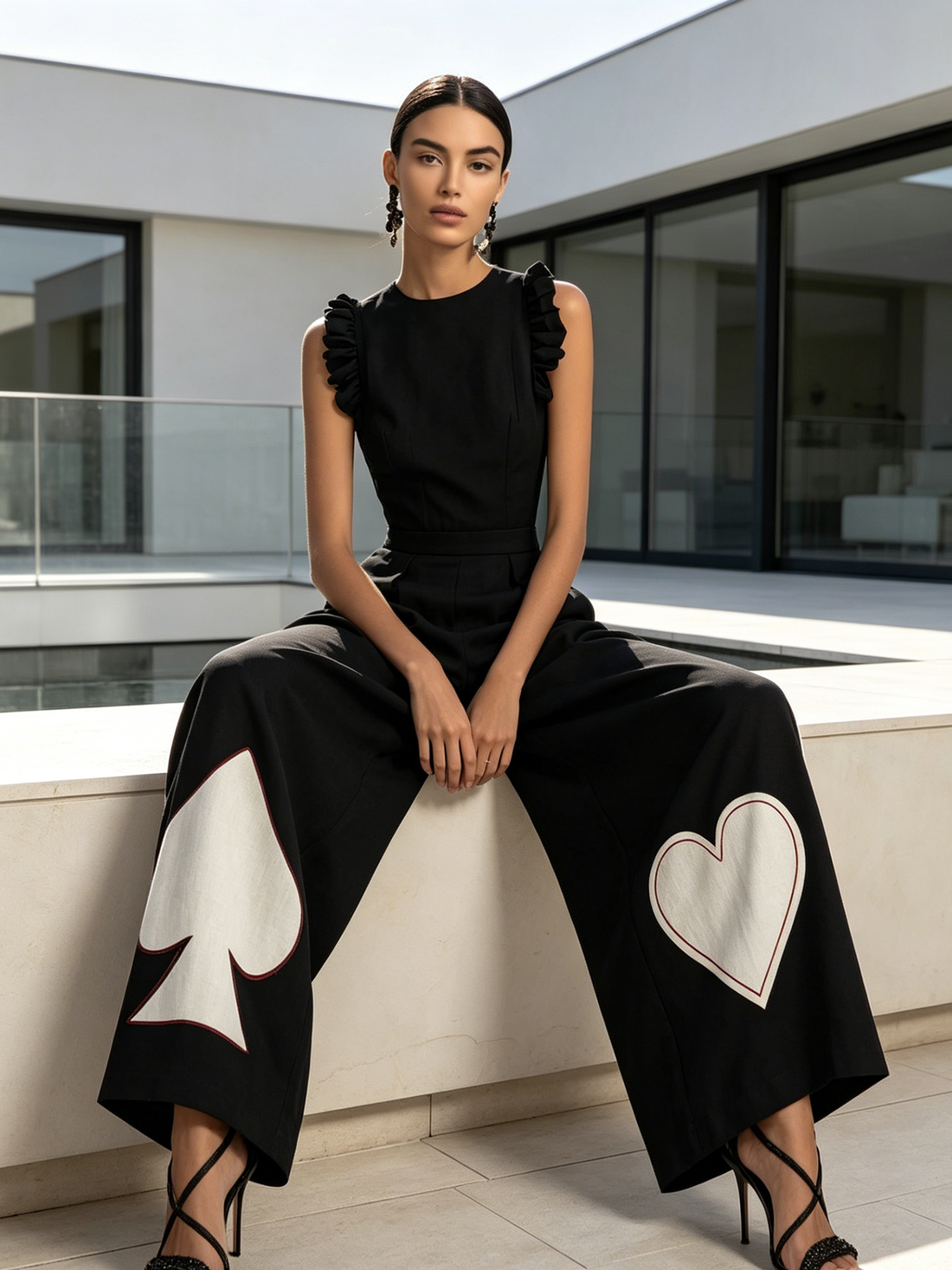 Ruffled Sleeve Playing Card Motif Wide-Leg Jumpsuit