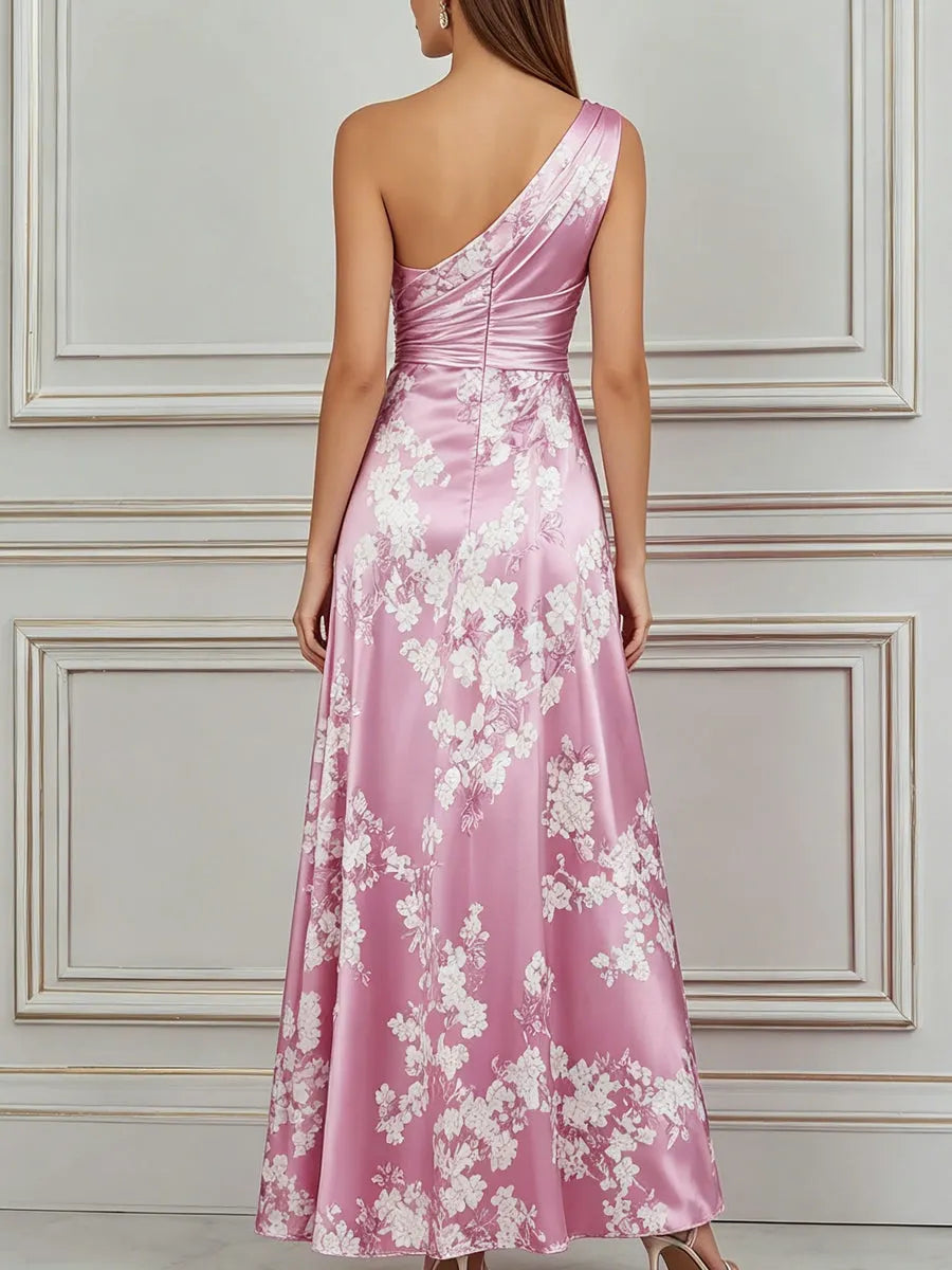 Blush Pink Cherry Blossom Print Satin Maxi Dress
