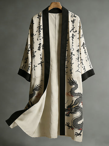 Retro Japanese Dragon Art Flowing Linen Long Kimono